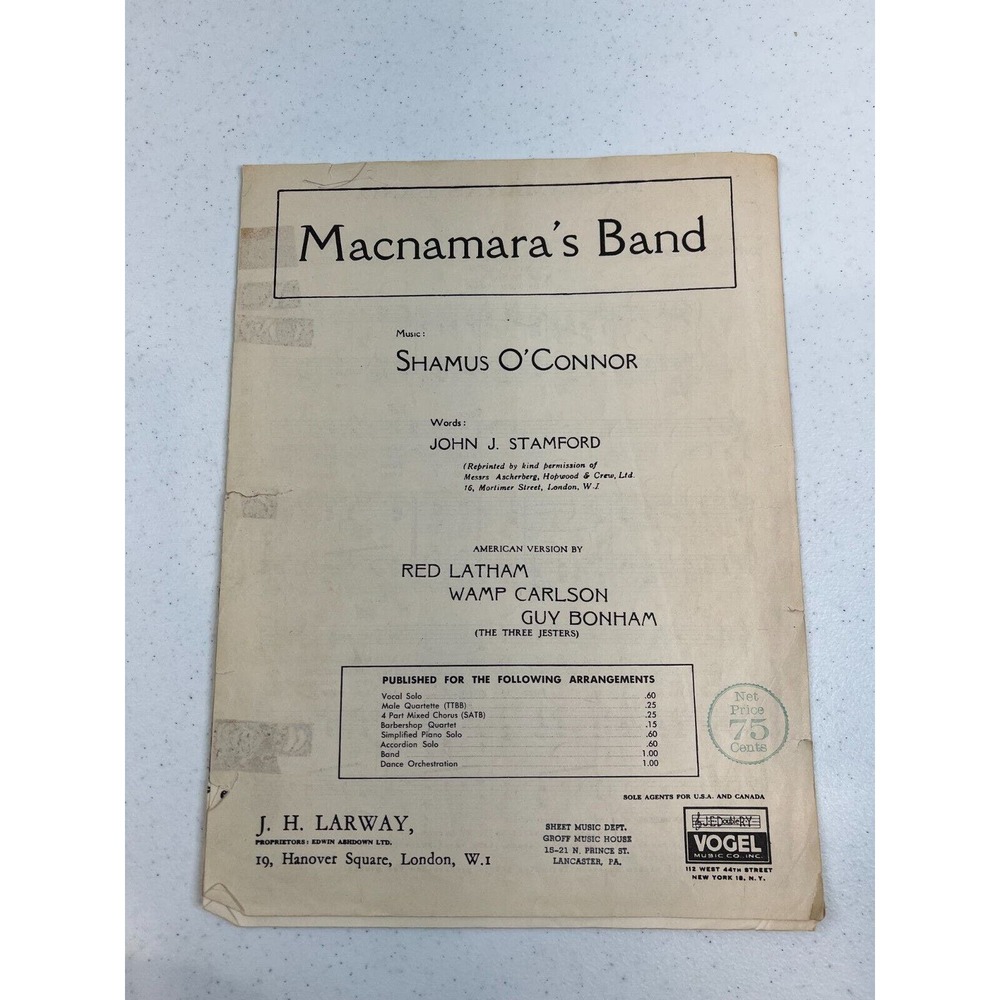 Vintage Macnamara's Band By Shamus O'Connor Sheet Music Book Collectable